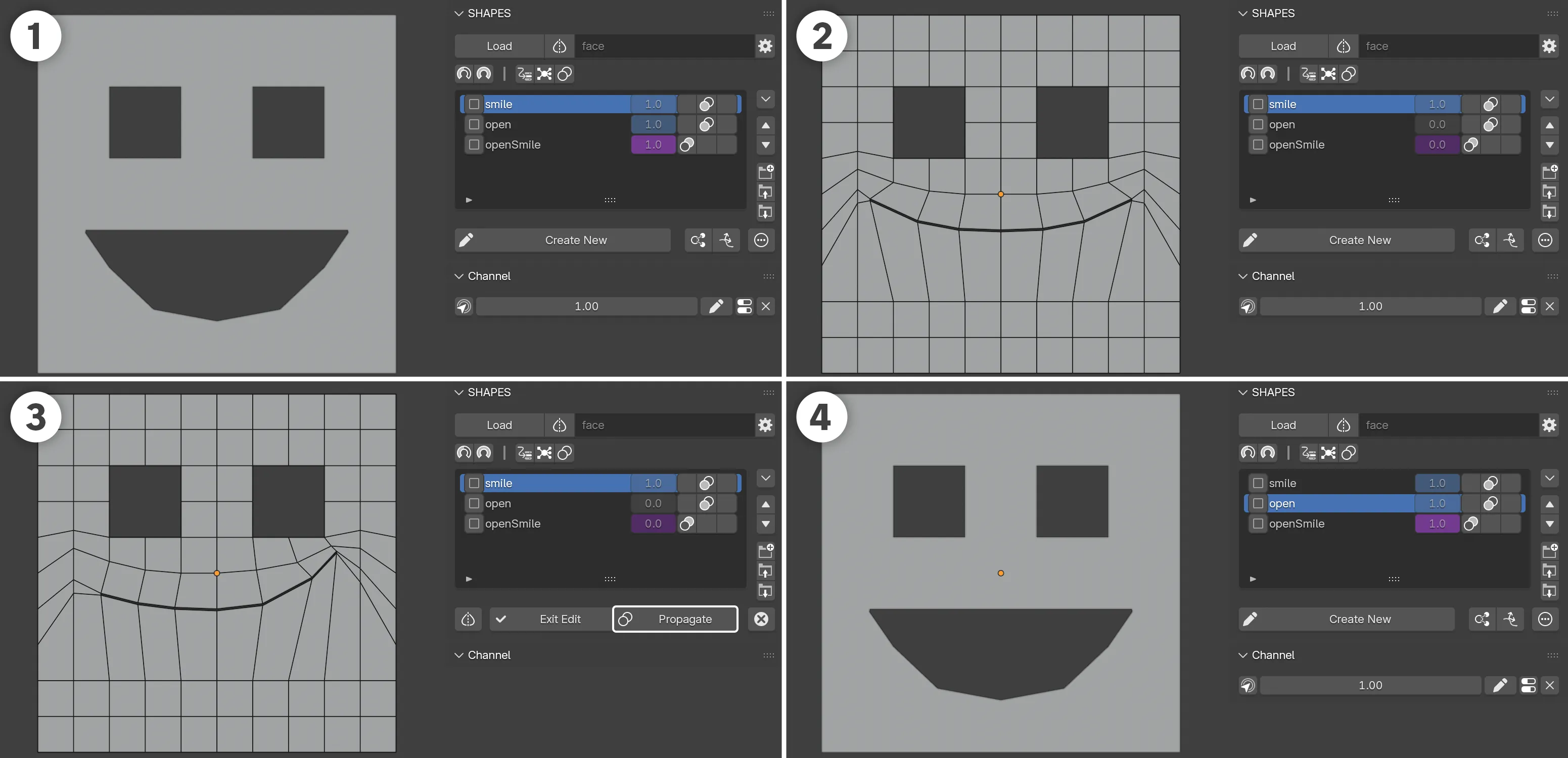 The effect of editing a Combo Driver with Combo Edit Propagation: 1. The original resulting shape with the smile and open shapes active. 2. The original smile shape before editing. 3. Editing the smile shape and exiting with Propagation enabled. 4. The Combo Target shape remains unchanged even though one of the driving shapes has been edited.