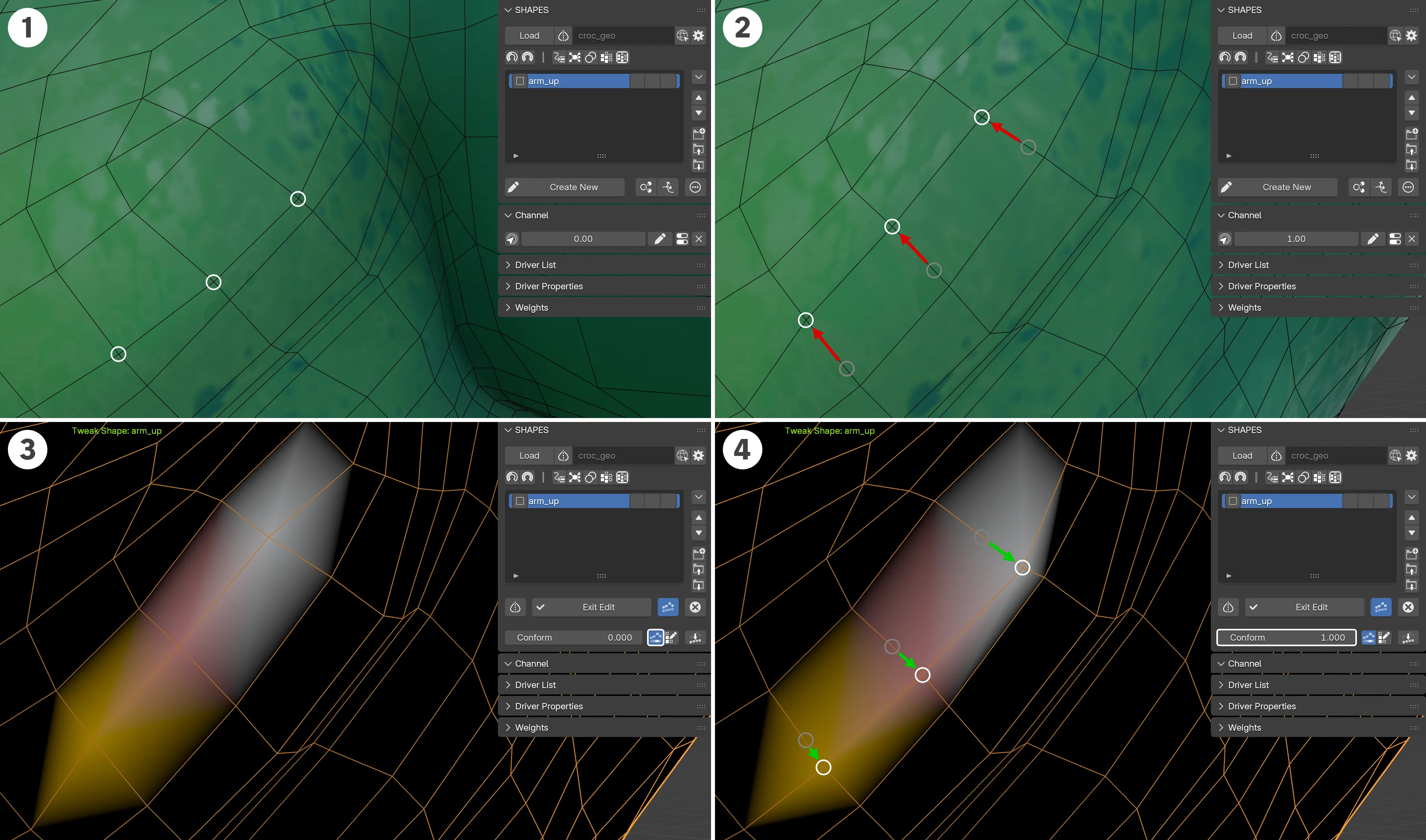 Identifying and correcting the effects of shape deviation with Conform Shape: 1. The undeformed shape with specific vertex positions. 2. Excessive vertex movement in the deformed state. 3. Visualizing deviation strength with enabled Deviation display. 4. Previewing the correction with the Conform Value.